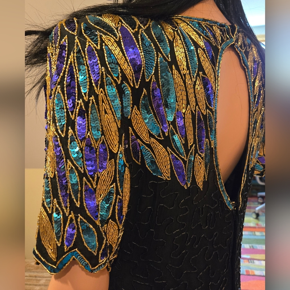 Black Beaded and Sequined Evening Dress